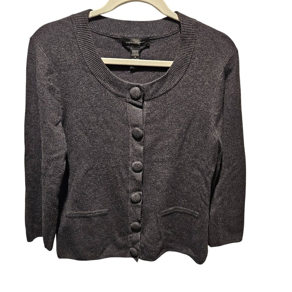 Cable & Gauge Woman Size M Cardigan Sweater DK Grey Covered Buttons 3/4 Sleeves